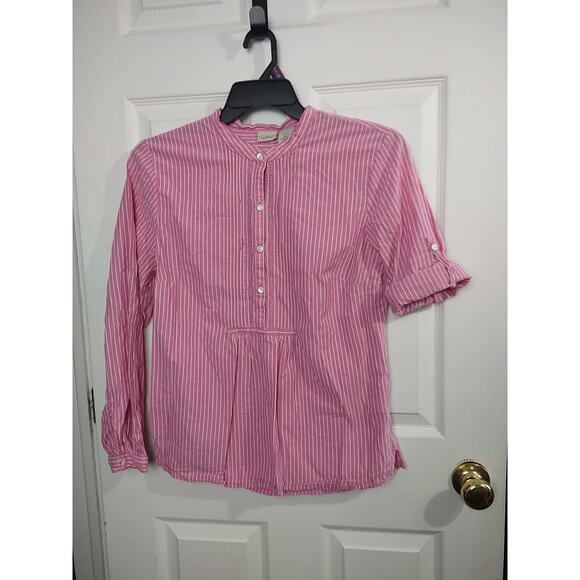 LL. Bean Woman's M Blouse Pink White Striped Pullover Casual Pleated Roll Tab... - Picture 1 of 7